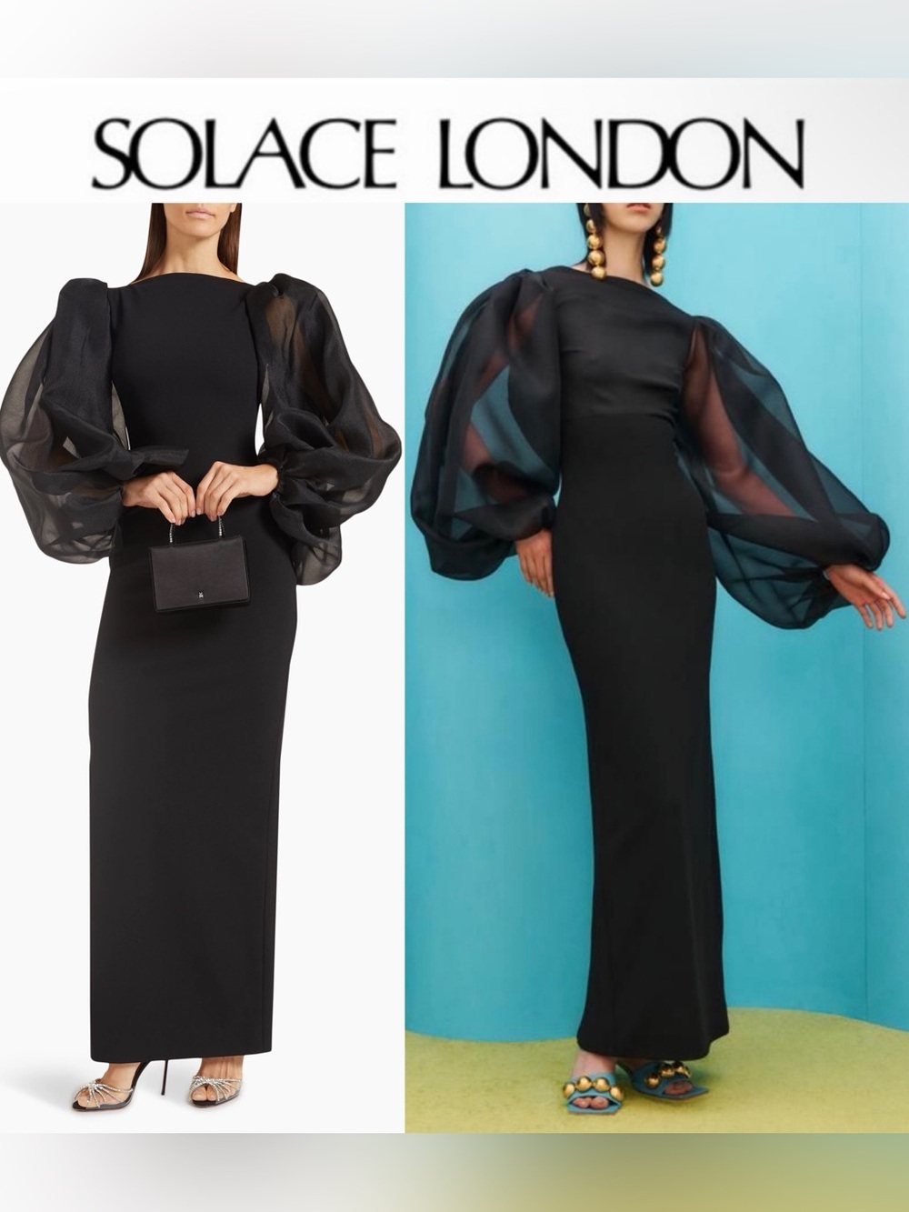 Solace London Karla Maxi Dress Black Dress Sheer Organza Balloon Sleeve Sz 2 NWT